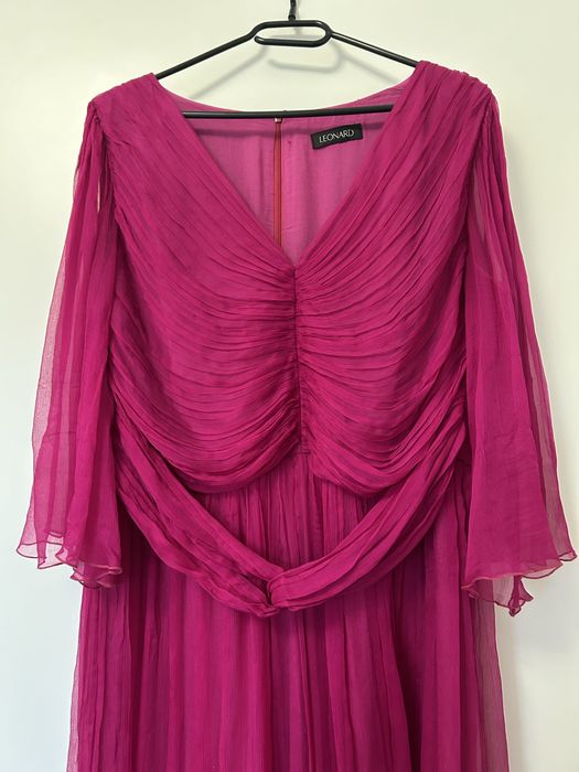 Rochie midi magenta din matase naturala, maneci evazate hand made