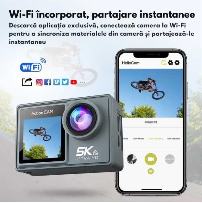Camera de Actiune 5K Ultra HD Stabilizare EIS | GO PRO | Water Resist