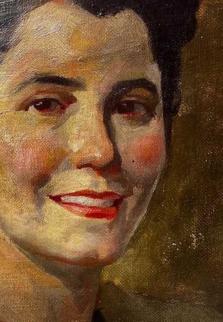 Doamna cu mantou alb-Tablou F VECHI, mare 100x70cm+R ulei/pnză, semnat