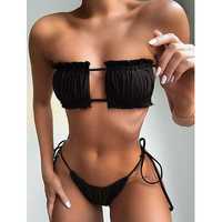 Costum de Baie Negru 2 Piese cu Snur Reglabil