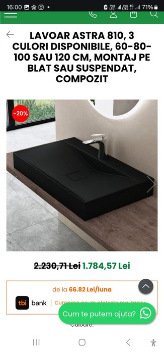 Lavoar baie 100 cm, negru mat, compozit, montaj pe blat sau suspendat