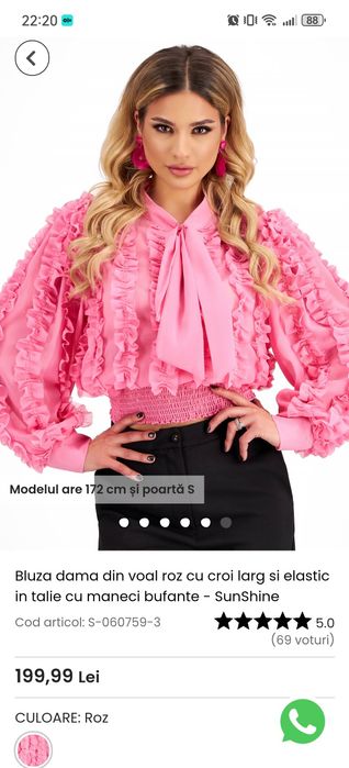 Bluza din voal roz cu croi larg, elastic în talie cu mâneci bufante