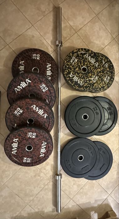 Комплект олимпийски тежести и лост / общо 187.5кг / bumper plates
