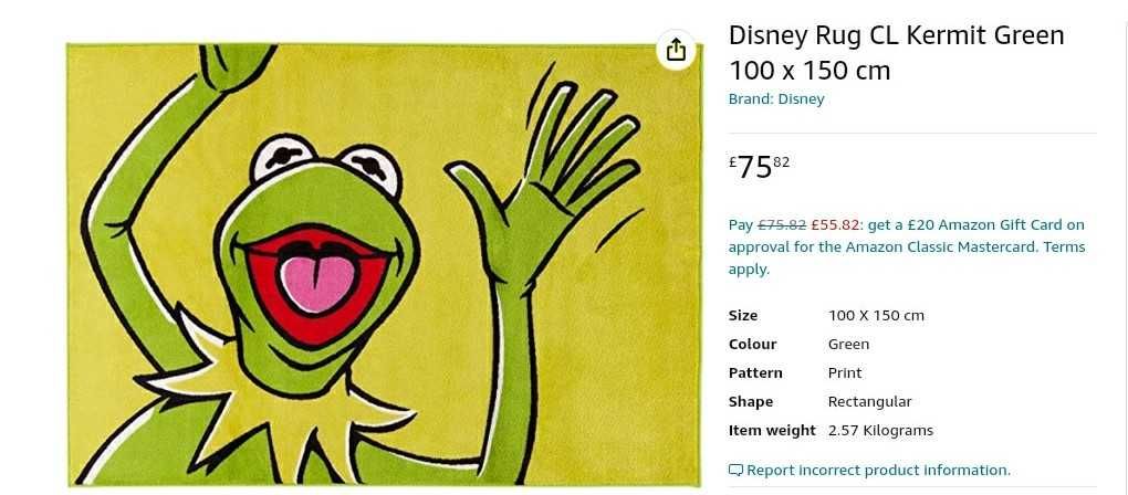 Нов Детски килим 100x150 cm Disney Muppets Kermit, зелен