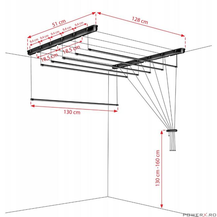 Uscator rufe de tavan, 6x130 cm, negru, Sepio