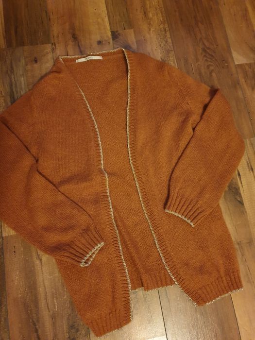 Cardigan dama, cu adaos de lana, culoare caramiziu, cu elemente aurii