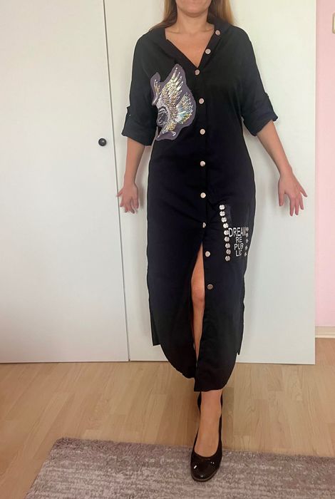 Черна рокля тип риза с камъчета, размер L