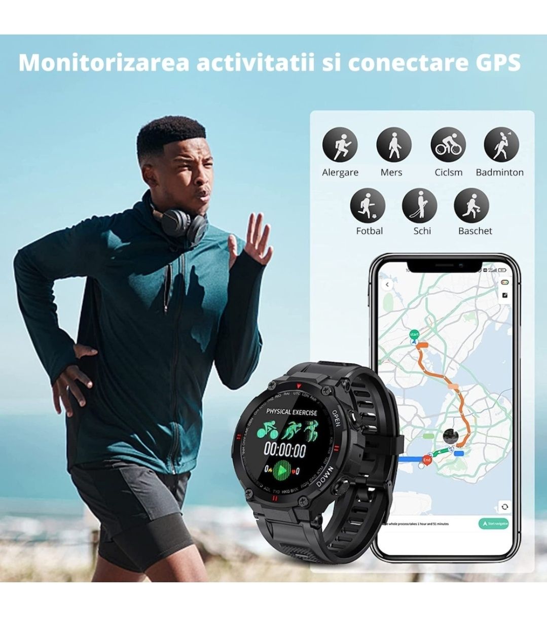 Ceas smartwatch pentru barbati, GO4FIT® , model GK22, rezistent la apa