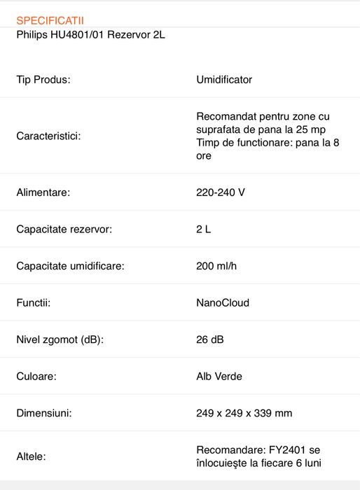 Umidificator de aer Philips HU4801/01 Rezervor 2L 200 ml/h Alb/Verde