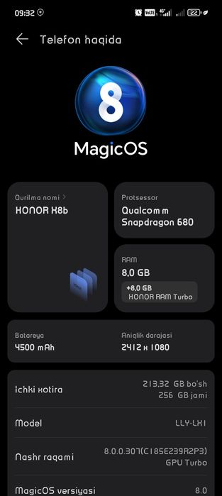 Honor X8b 8+8. 256 GB