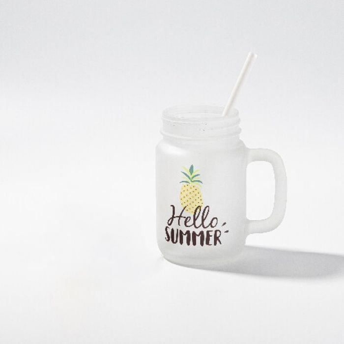 Стъклена чаша-буркан с капачка и сламка, с Ваша снимка, надпис