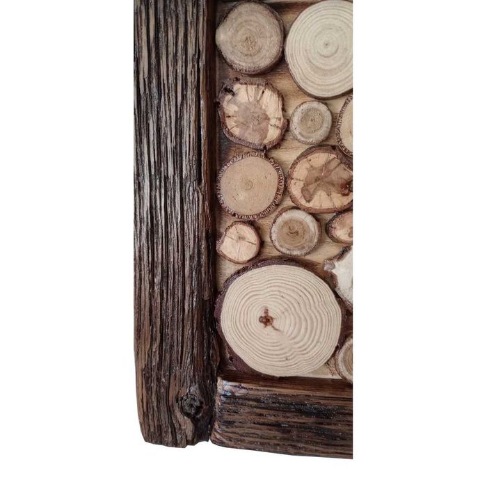 Tablou rustic handmade din rondele de lemn, rama arsa, lacuita