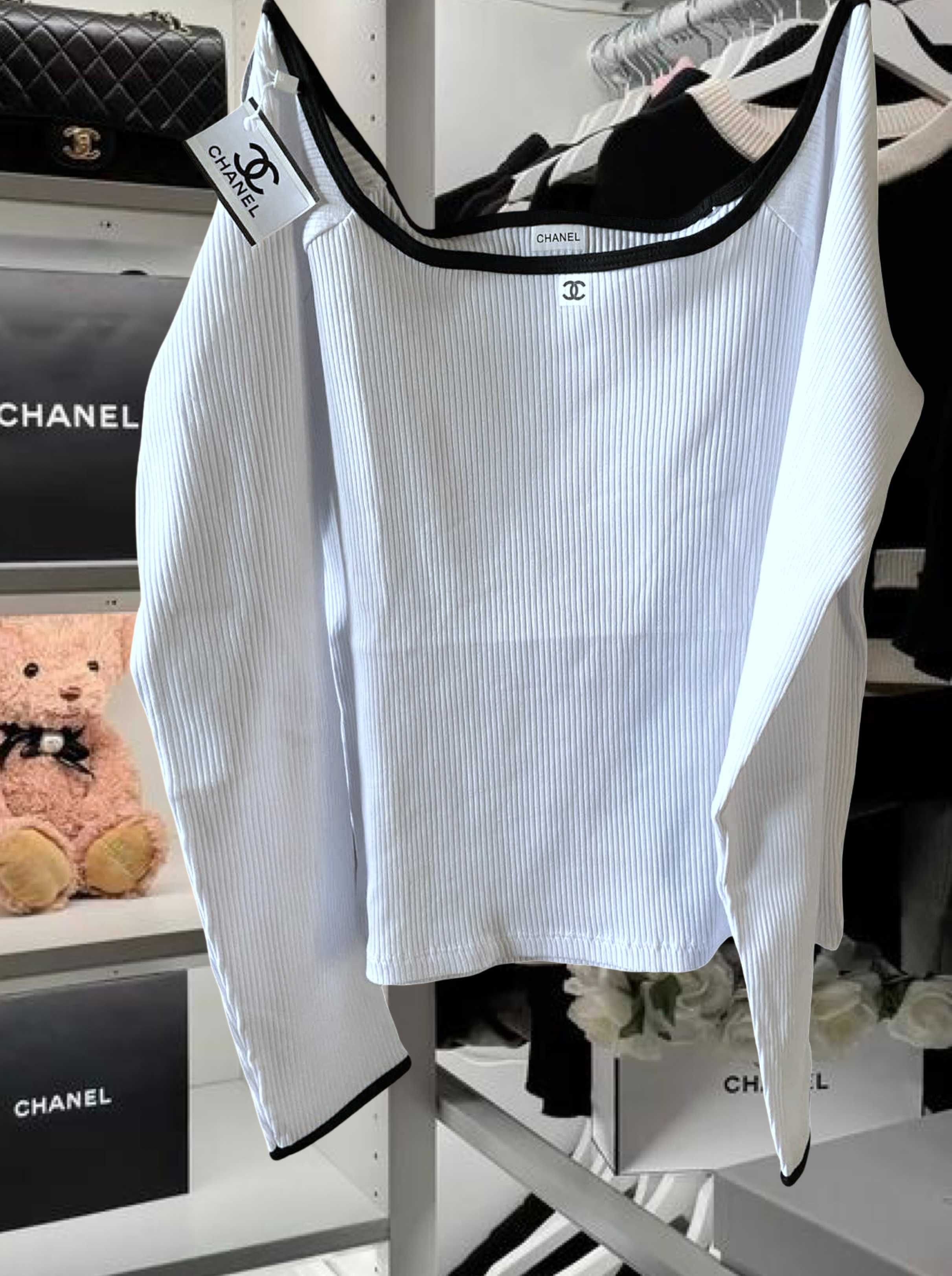 шанел блуза дълъг ръкав лодка деколте рипс рипсена бяла топ chanel
