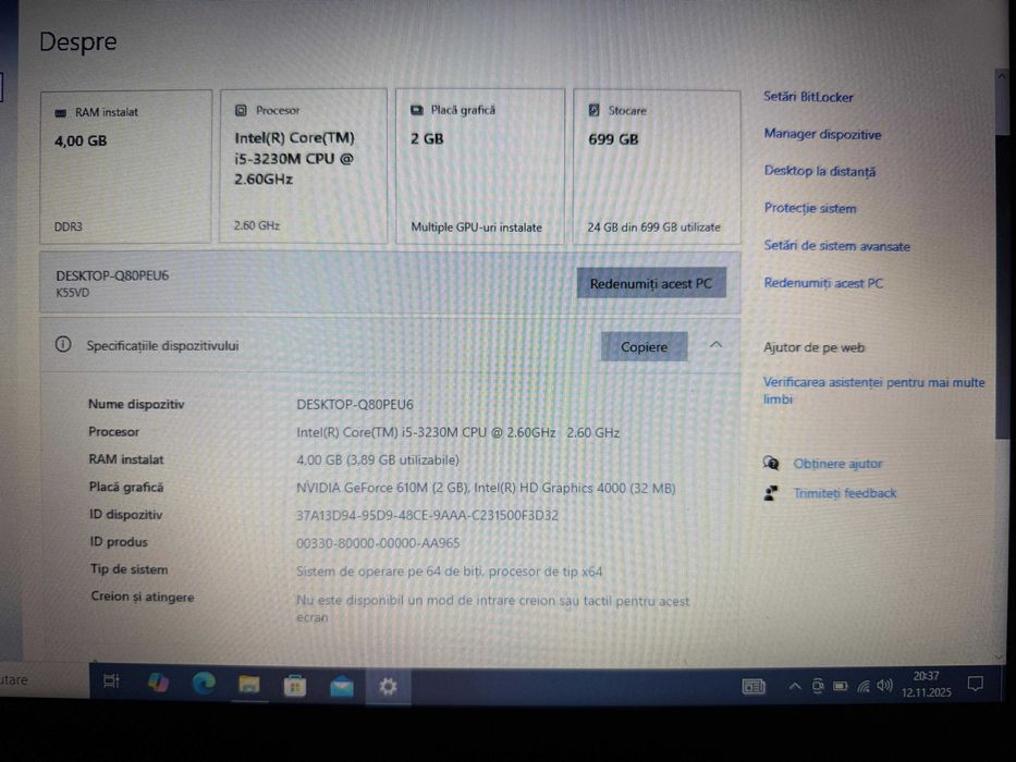 Laptop ASUS i5-3230M, 4 GB RAM, HDD 700 GB, NVIDIA GeForce 610M (2 GB)