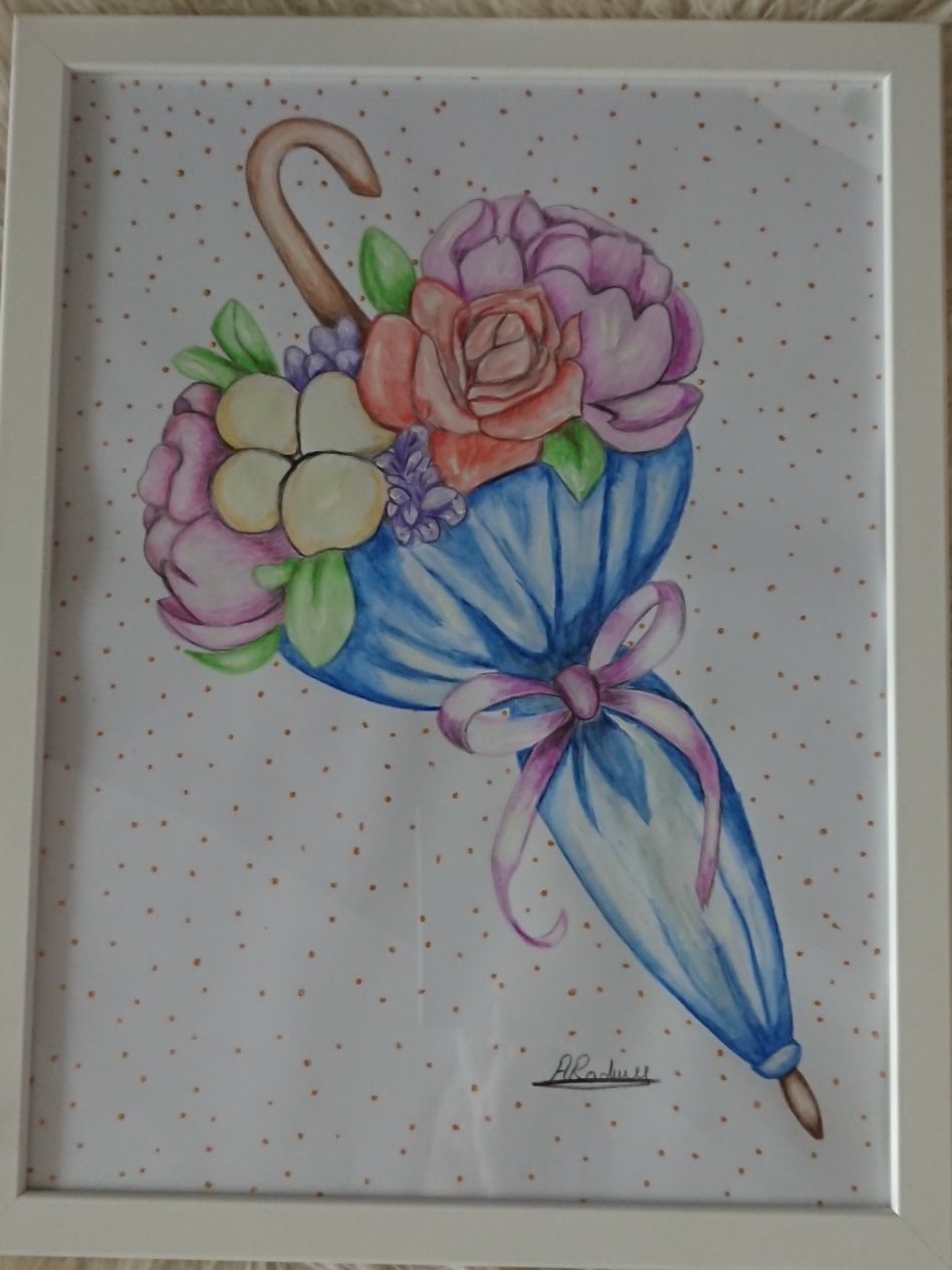 Tablou flori în umbrelă cu acrilic și creioane colorate 43x33cm