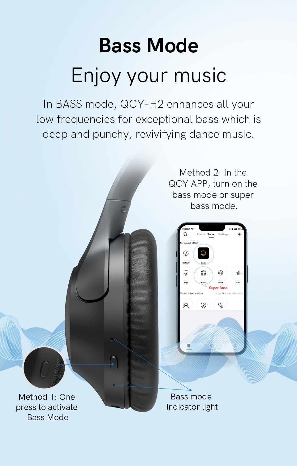 Безжични ENC слушалки QCY H-2, Bluetooth 5.3, 60h. Play, Bass и EQ APP