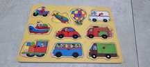Puzzle din lemn cu pini pui de masinute, animale salbatice,