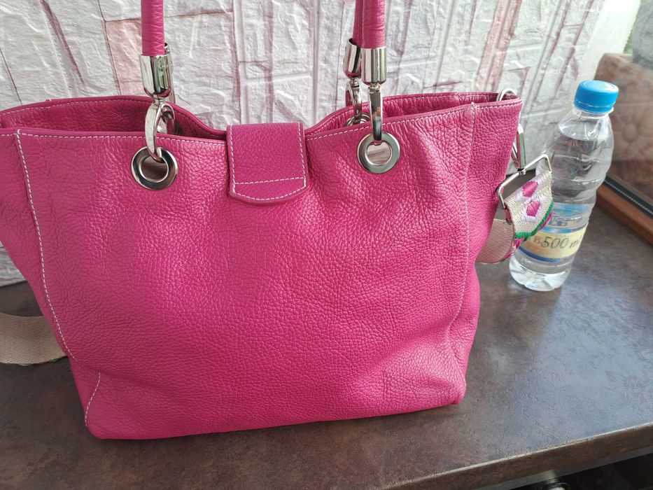 дамска чанта,цикламено розова кожена торба-естествена кожа
