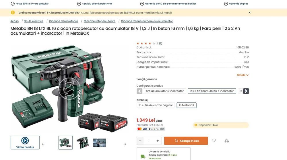 Metabo BH 18 LTX BL 16 ciocan rotopercutor cu acumulator 18 V | 1,3 J