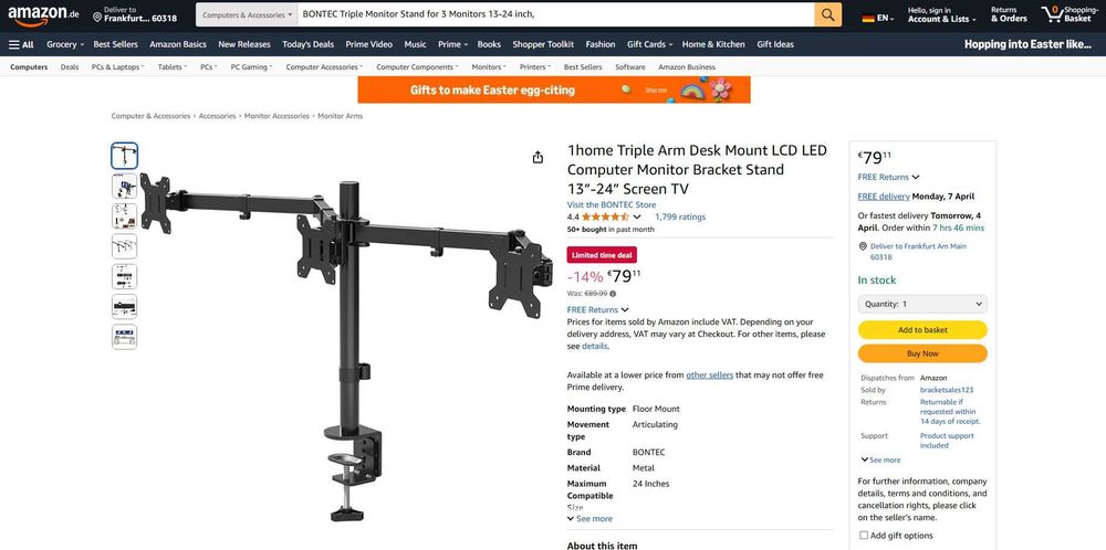 Suport 3 monitoar BONTEC, 2 tipuri prindere birou, REDUS de la 400RON