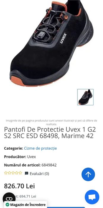 Pantofi unisex UVEX 1 G2 S1 SRC ESD 6849.8 marimea 40