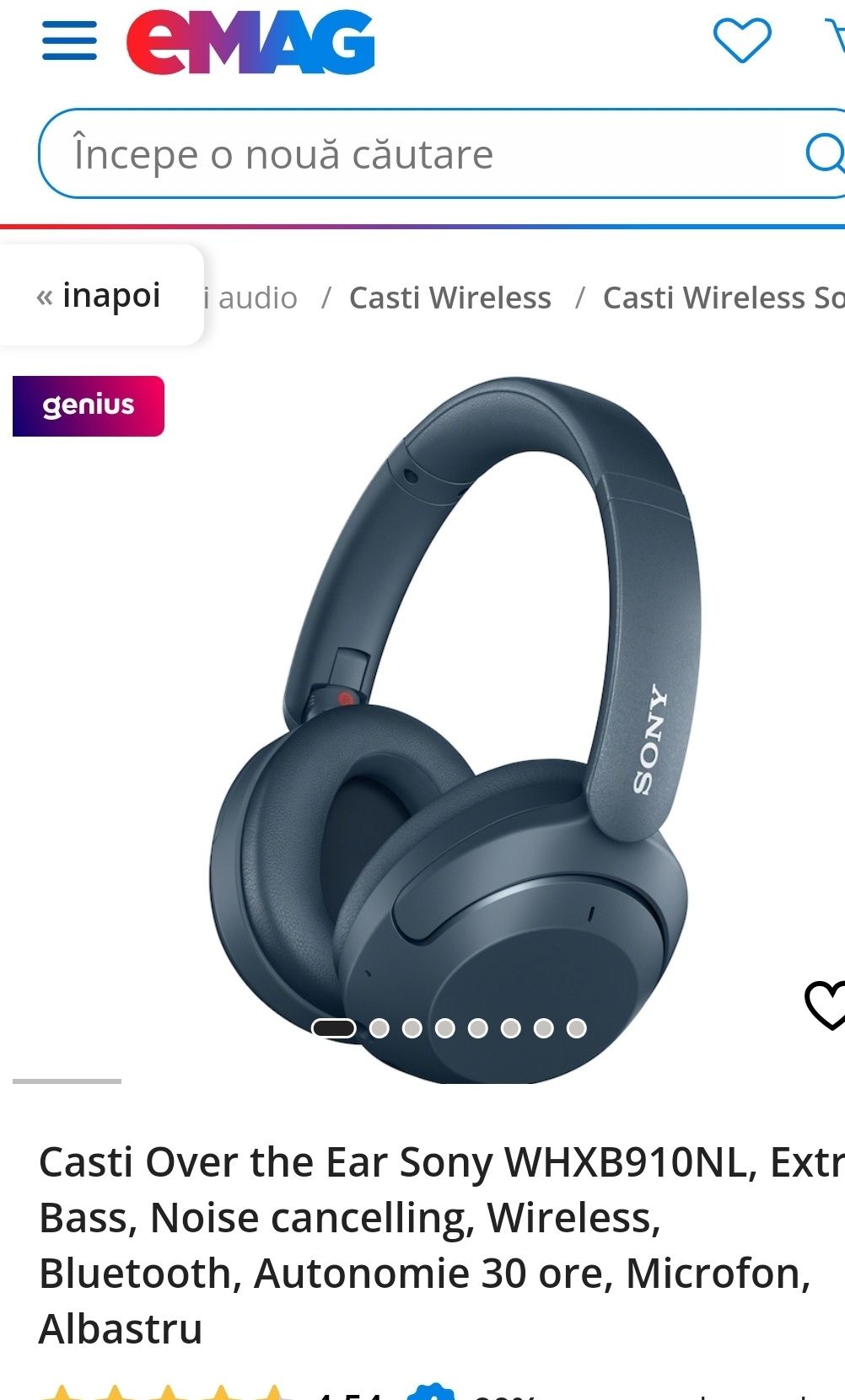 Casti Over the Ear Sony WHXB910NL, Extra Bass, Noise cancelling, Wirel