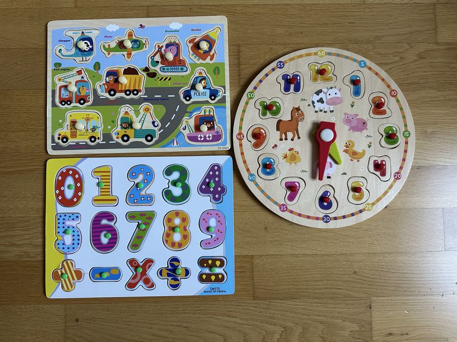 Lot 3 puzzle din lemn cu butoni