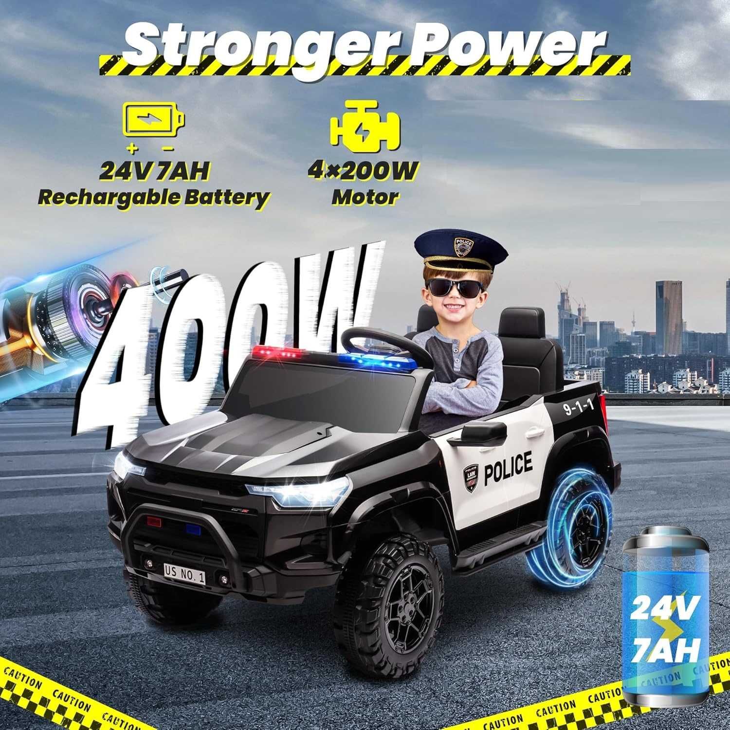 Двуместен акумулаторен джип POLICE 4X4 24V MP3 меки гуми,Кожена седалк