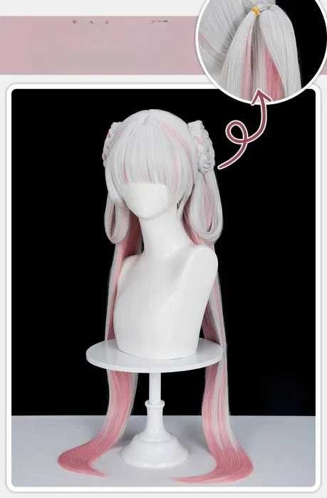 Висококачествена аниме перука бяло и розово с подвижни опашки