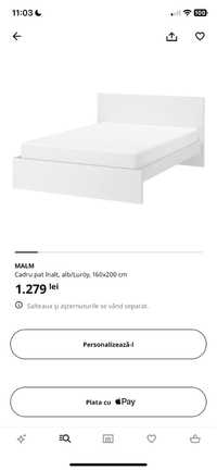 Cadru pat MALM IKEA 160x200 alb, cu somiere