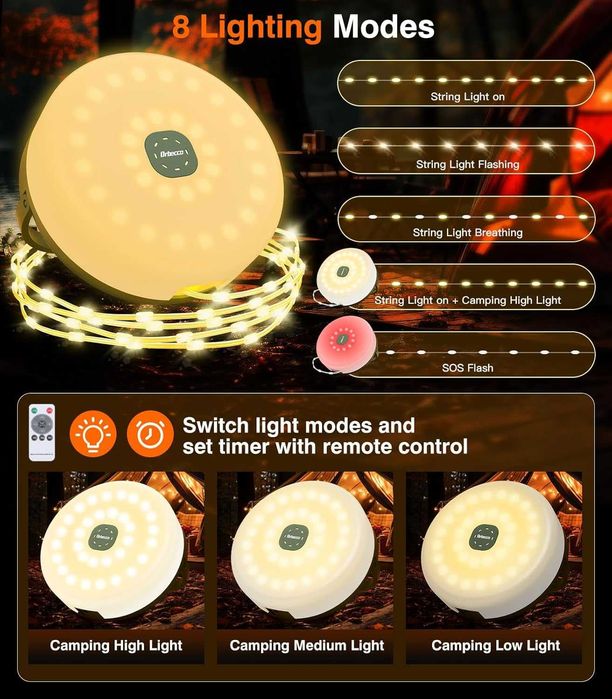 НОВИ! Соларни къмпинг лампички, 12м, 2-в-1, фенер и гирлянд, USB