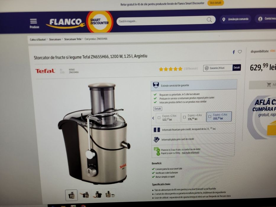 Storcator de fructe si legume Tefal ZN655H66,1200 W,1.25 l, argintiu