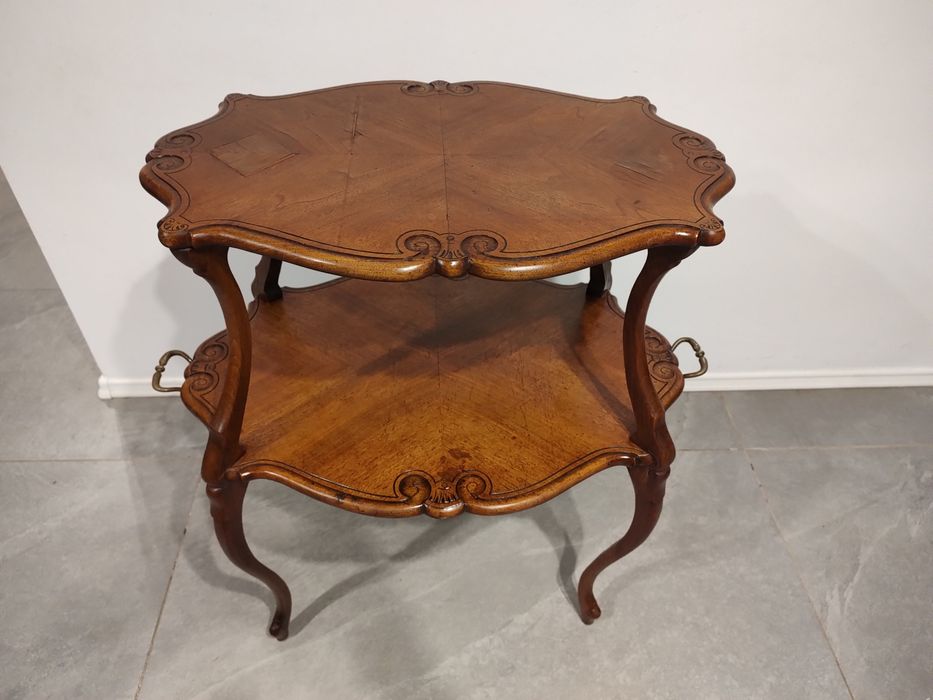 Masa de servit/gheridon vechi din lemn masiv cu mânere din bronz