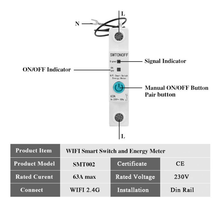 Смарт WiFI за DIN шина монофазен прекъсвач 63А с електромер Ewelink