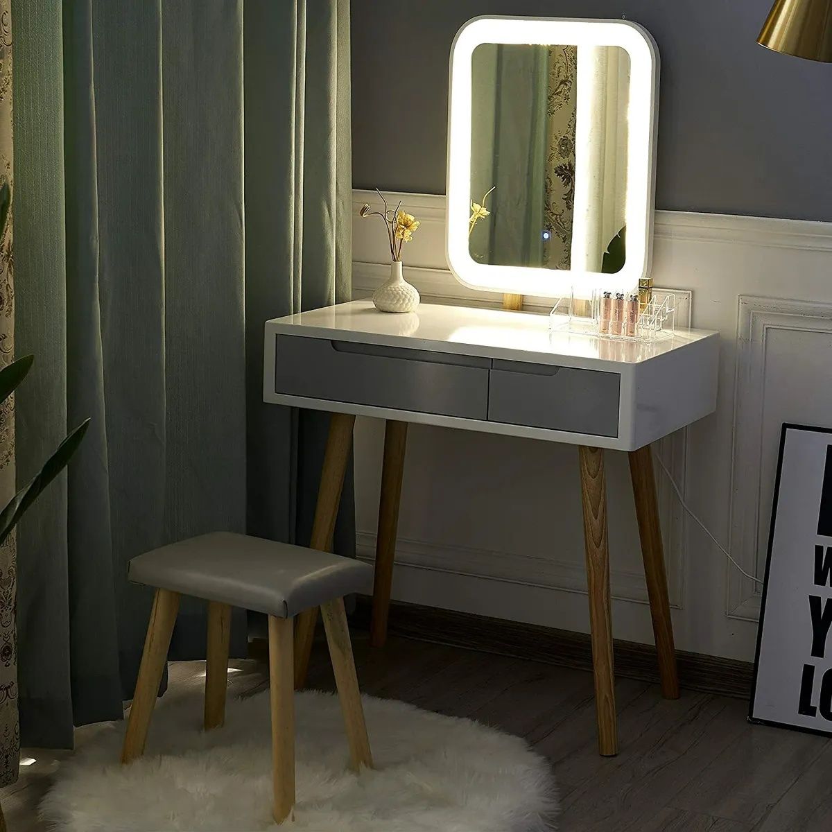 Тоалетка, Дървено бюро за гримове Правоъгълно LED огледало с табуретка