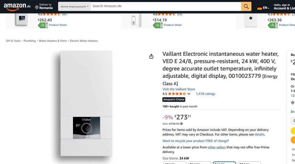 Încălzitor de apă instantaneu electronic, Vaillant VED E 24/8