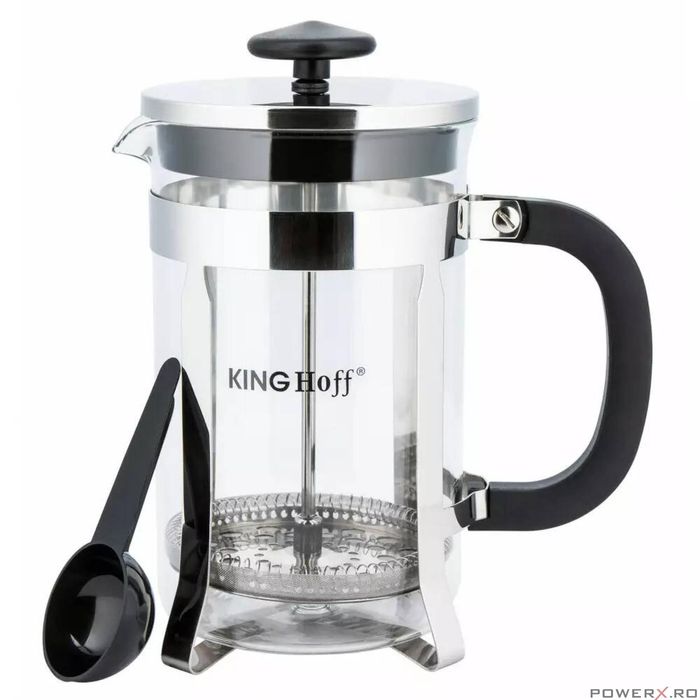 Infuzor ceai din sticla si inox,cu presa si lingurita, 0.6L, Kinghoff