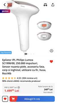 Vand Epilator IPL Philips Lumea SC1998/00, 250.000 impulsuri, Senzor