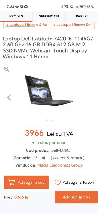 De vânzare Laptop Dell Latitude 7420 i5 intel CORE vPRO, Touch Display