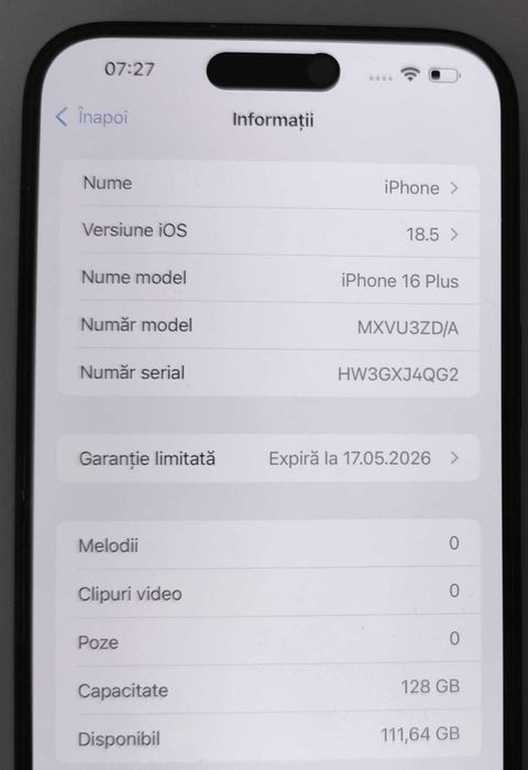 (AG 35) Telefon Apple iPhone 16Plus  b.33114 -3650Lei Garantie 2 ani!