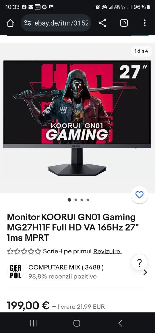 Monitor KOORUI GN01 Gaming MG27H11F Full HD VA 165Hz 27" 1ms MPRT(nou)