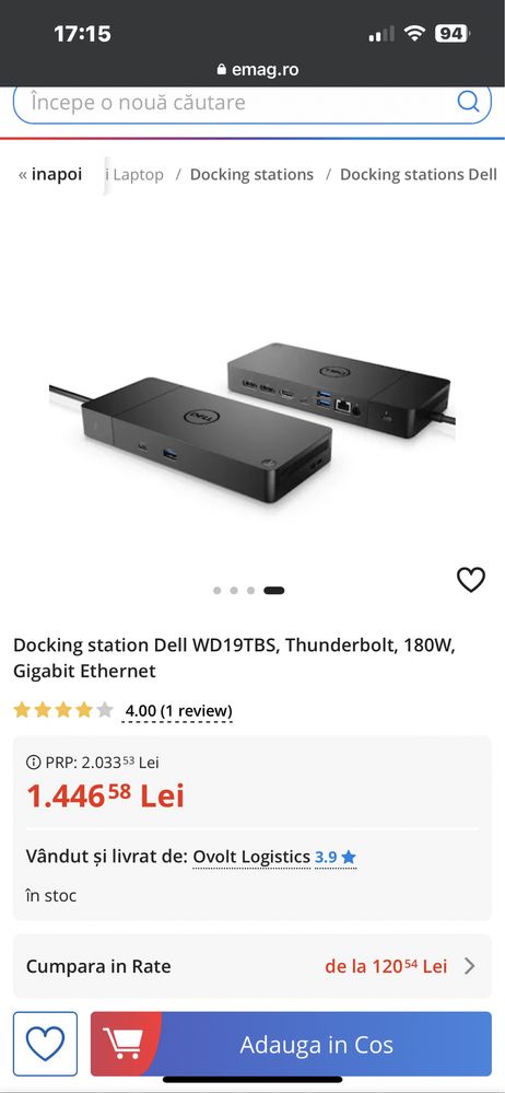 Dell Thunderbolt Dock WD19TBS 180W plus încărcător. Nou. Sigilat