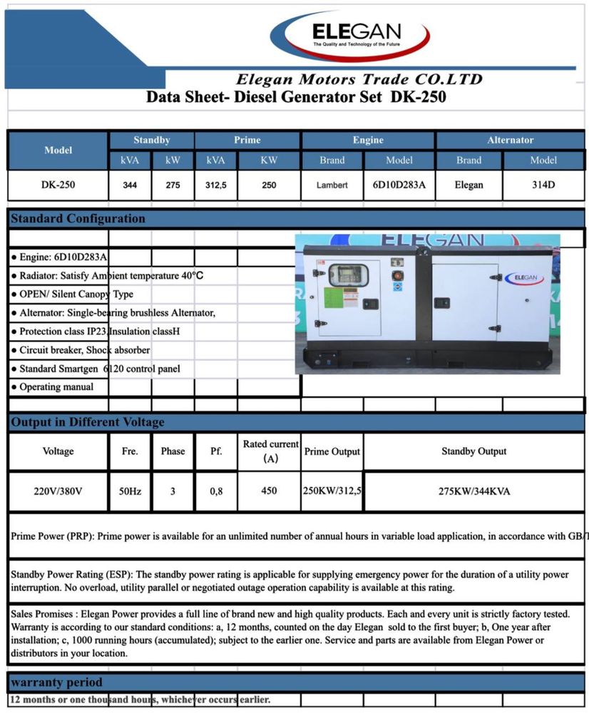 250 kvt  312 kva dizel ginerator