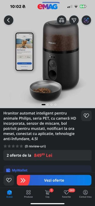 Hranitor automat inteligent pentru animale Philips, camera HD, 4.5l