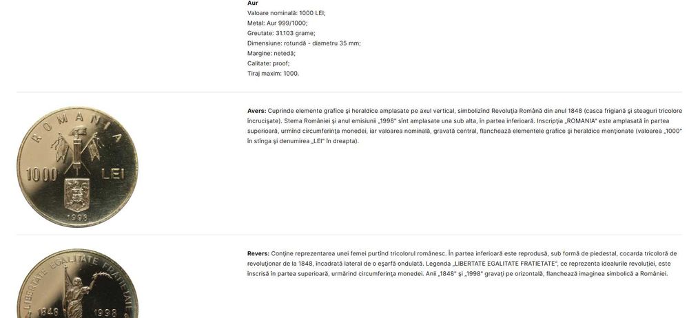 Set monede aur BNR - 150 de ani de la Revoluţia Română de la 1848