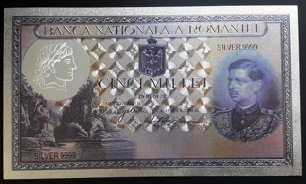 5000 lei 1931 - Bancnota polymer (plastic) placata cu Argint. 999‰