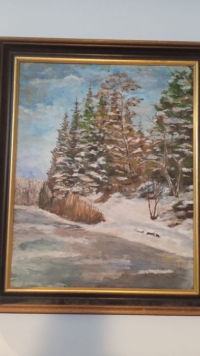 Peisaj iarna la munte,brazi inzapeziti, tablou pictat in ulei pe panza