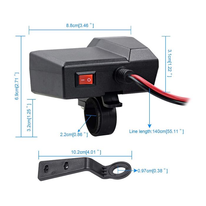 Încărcător adaptor USB dublu ZocoMoto, pentru motociclete, Negru