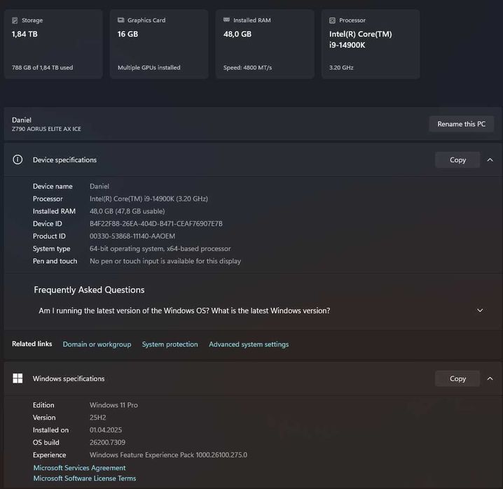 PC 14900K, Z790, 48GB DDR5 6000MHz, H150i RGB ELITE, RM1000x, 2TB SSD