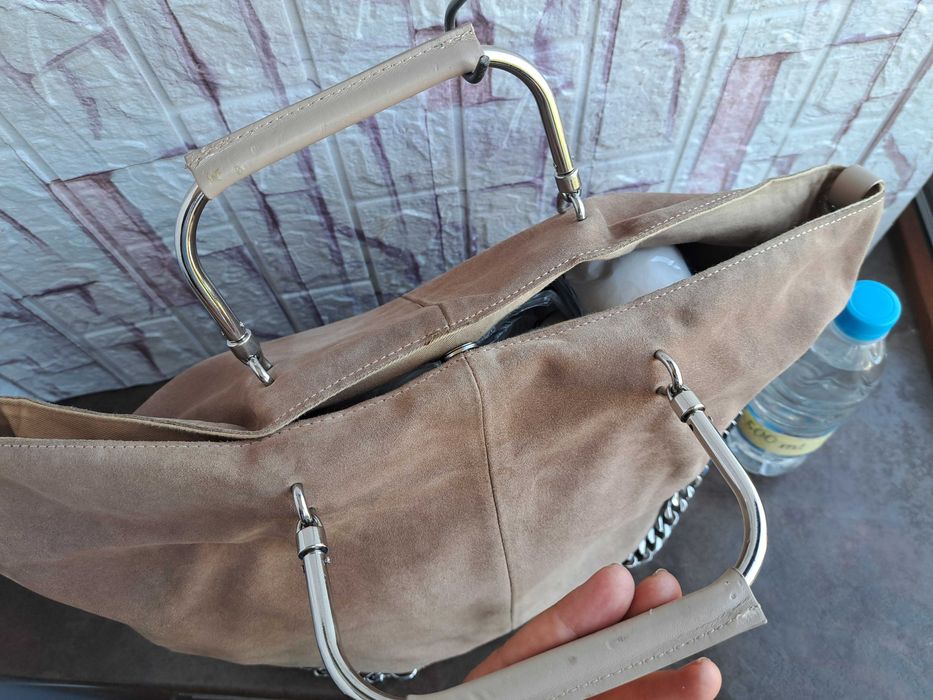 дамска чанта ZARA,бежова велурена торба-естествена кожа